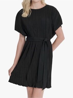 DKNY Short Sleeve Women's Black Pleated Belted Dress, Size 10, NWOT